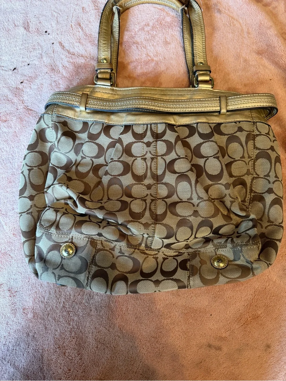 Coach Brown Signature Canvas Shoulder Bag with Metallic Trim